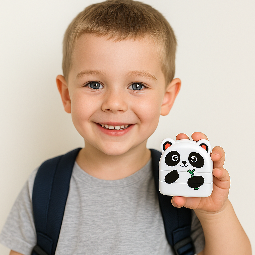 Niño usando sello personalizado para marcar ropa infantil